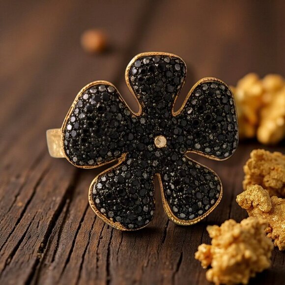 🆕️Turkish Artisanal Black Flower Set 18K Gold Plated Brass Jewelry - Picture 10 of 14